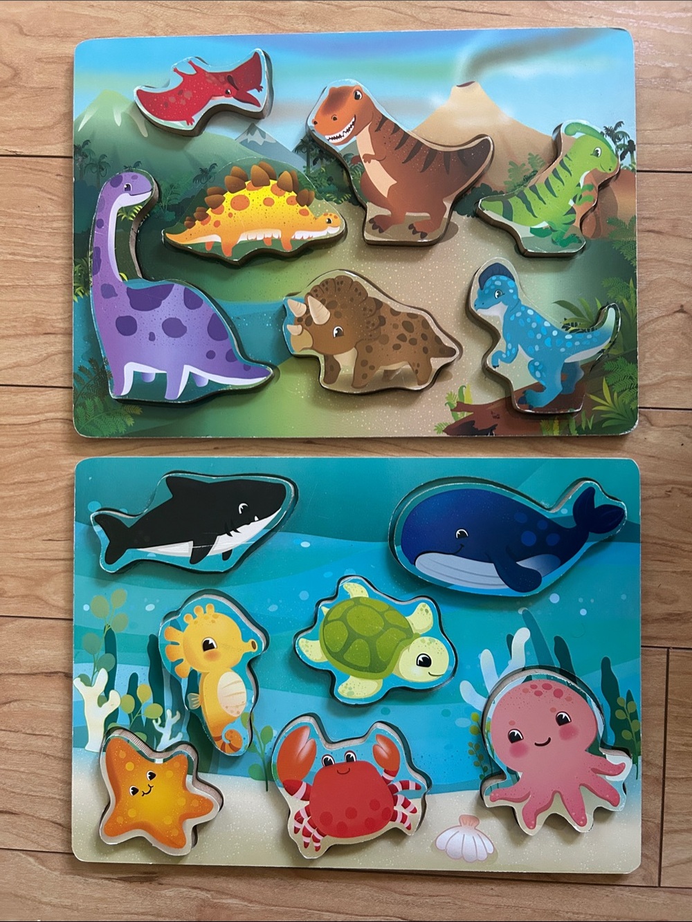 Wooden Dinosaur & Sea Animal Puzzle Set - Colorful Purple, Blue, Green, Yellow